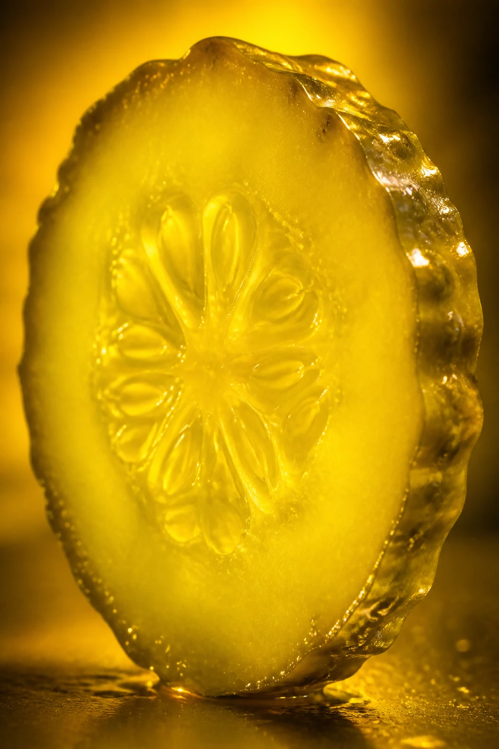 Closeup of a single bread-and-butter pickle slice with turmeric glow