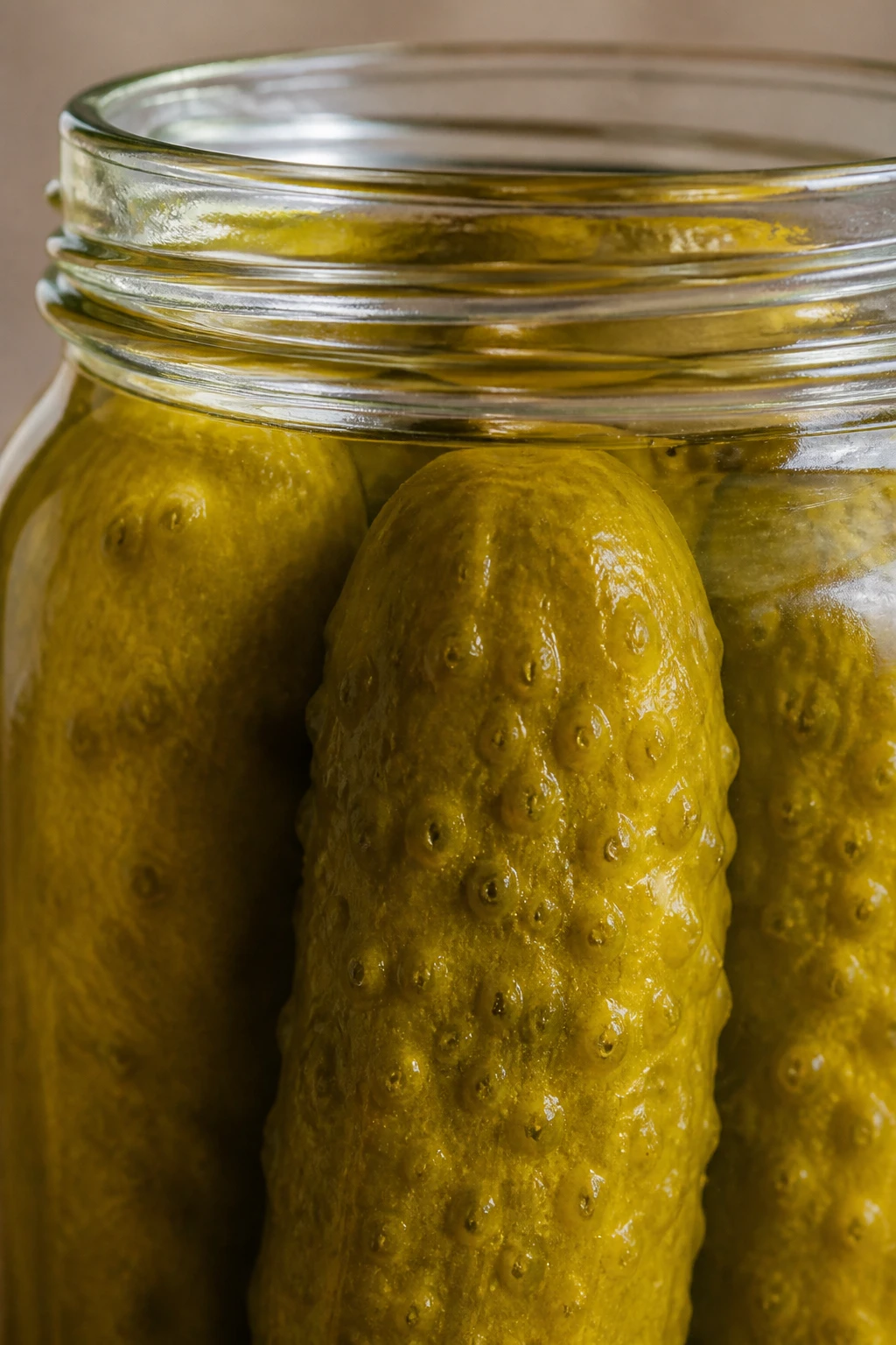 Closeup of a single glass jar highlighting crisp pickle texture edge