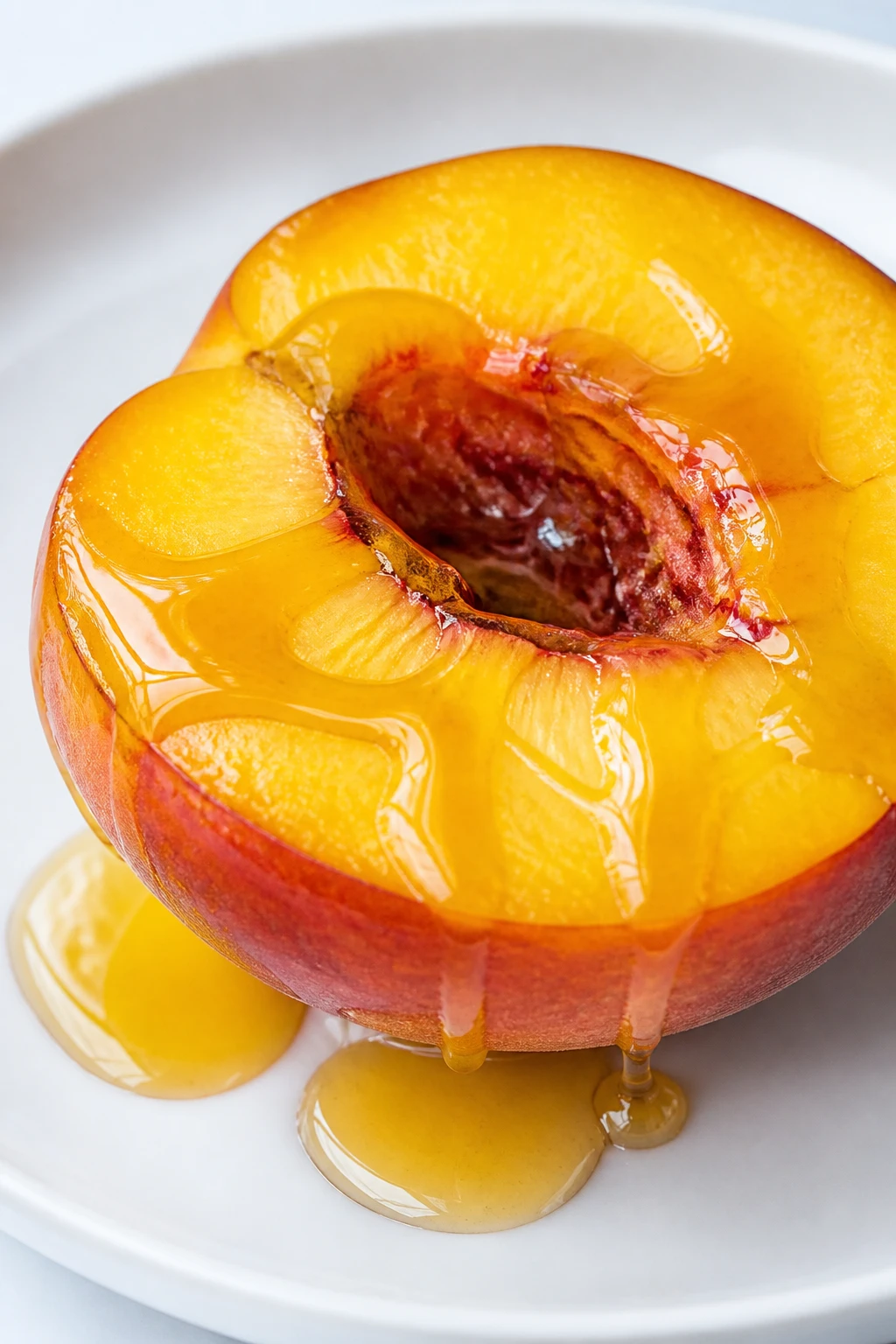 closeup peach half drizzled with honey on white plate