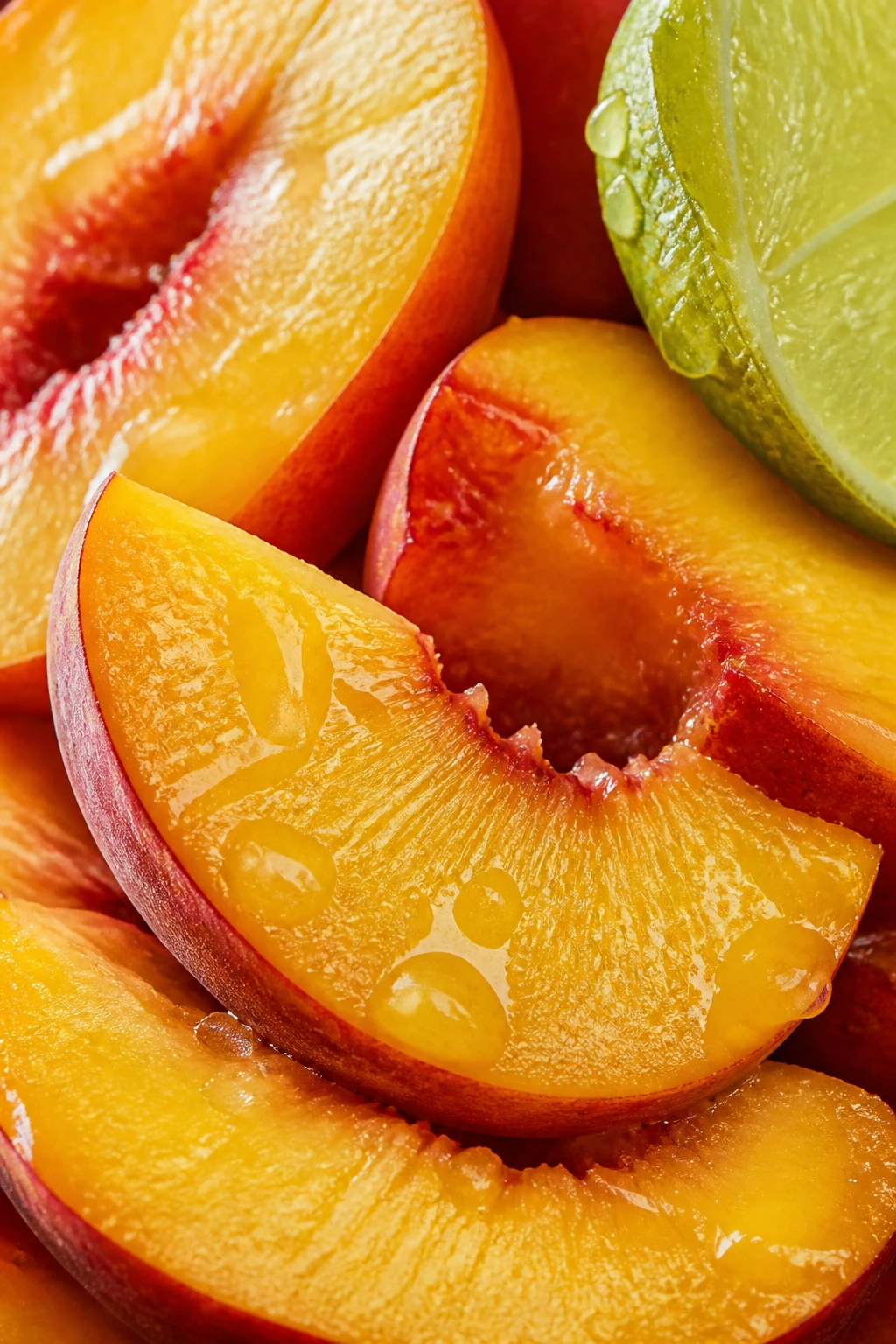 closeup sliced peaches with lime juice droplets
