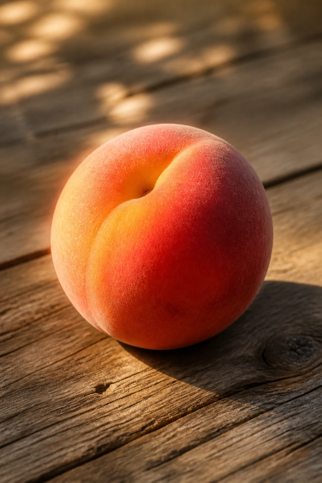 single peach on rustic wooden board with soft sunlight